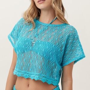 Trina Turk Women's Whim Sheer Crochet Short Sleeve Swim Cover Up Size Medium‎